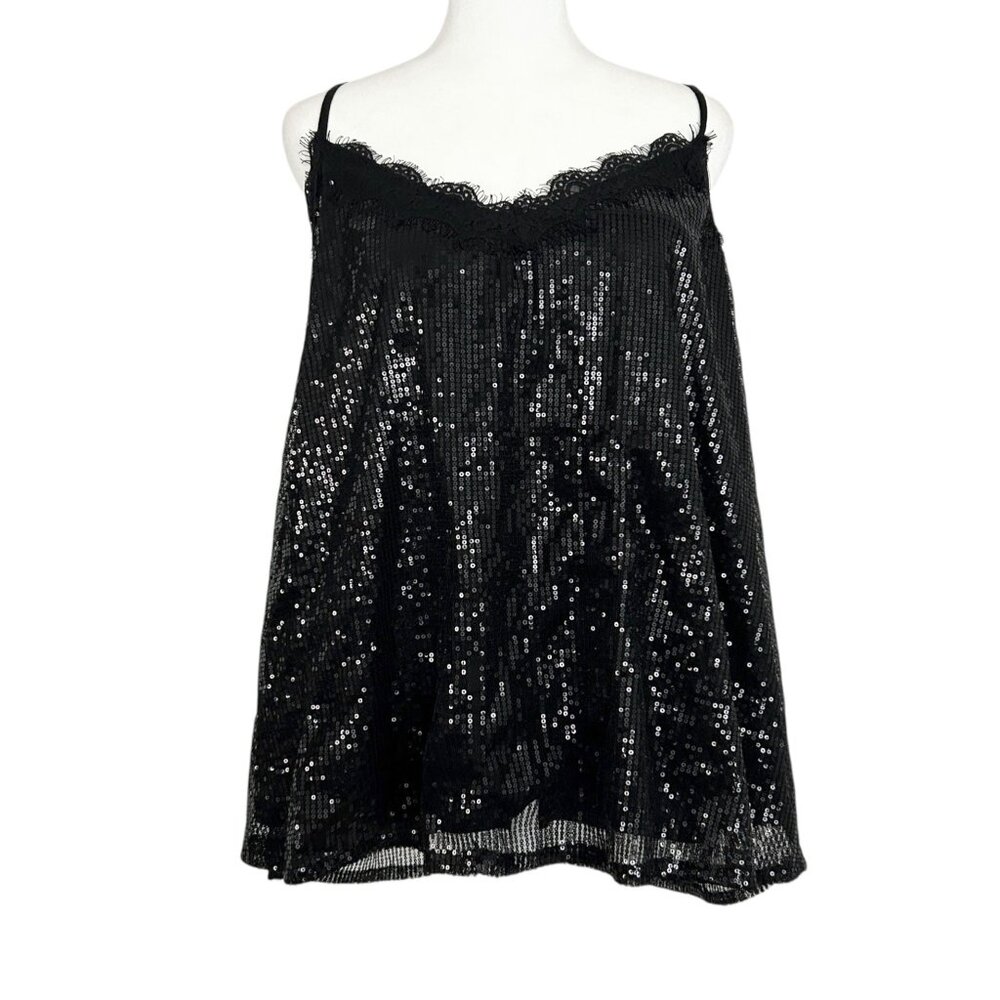 Andree By Unit Black Sexy Sequins Spaghetti Strap Lace Trim Cami Tank Top (1X)